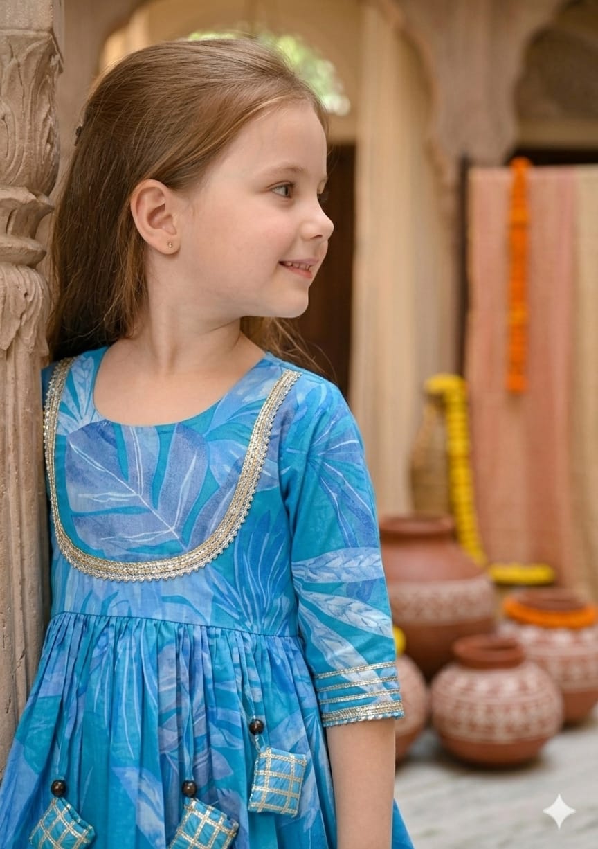 Baby Girl Blue Leaf Print Cotton Anarkali Kurta Set