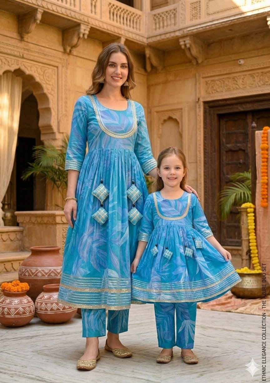 Mom & Daughter Blue Leaf Print Cotton Anarkali Kurta Set