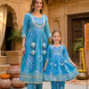 Mom & Daughter Blue Leaf Print Cotton Anarkali Kurta Set