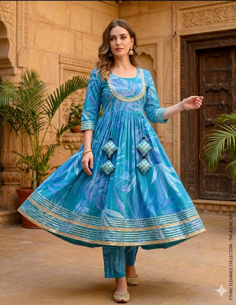 Women’s Blue Leaf Print Cotton Anarkali Kurta Set