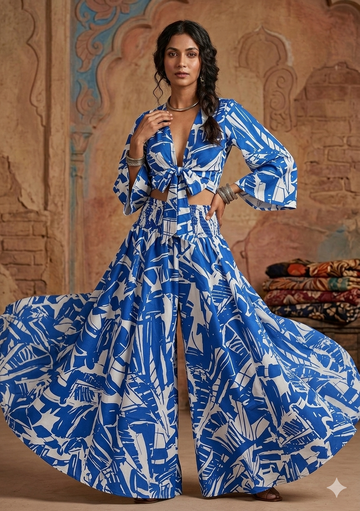 Royal Blue Abstract Print Co-Ord Set with Tie-Up Crop Top & Flared Palazzo