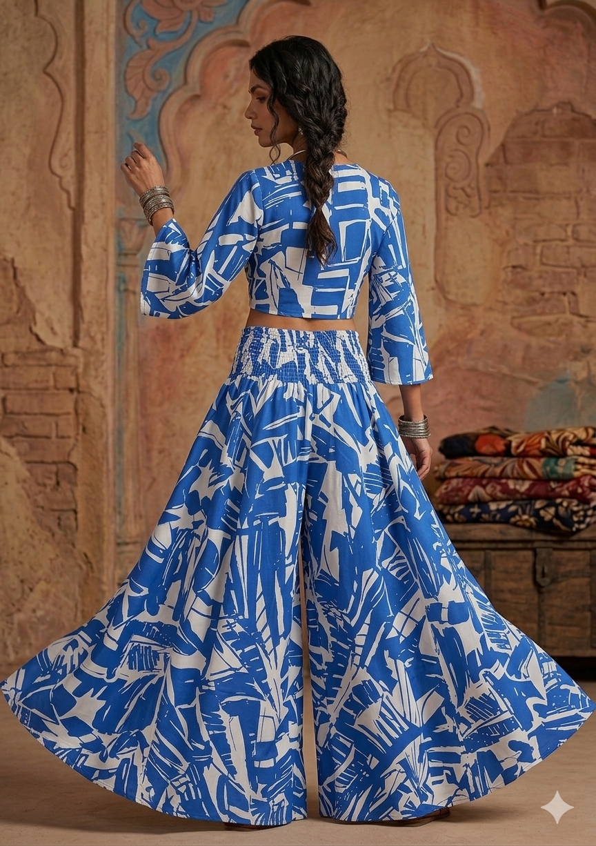 Royal Blue Abstract Print Co-Ord Set with Tie-Up Crop Top & Flared Palazzo