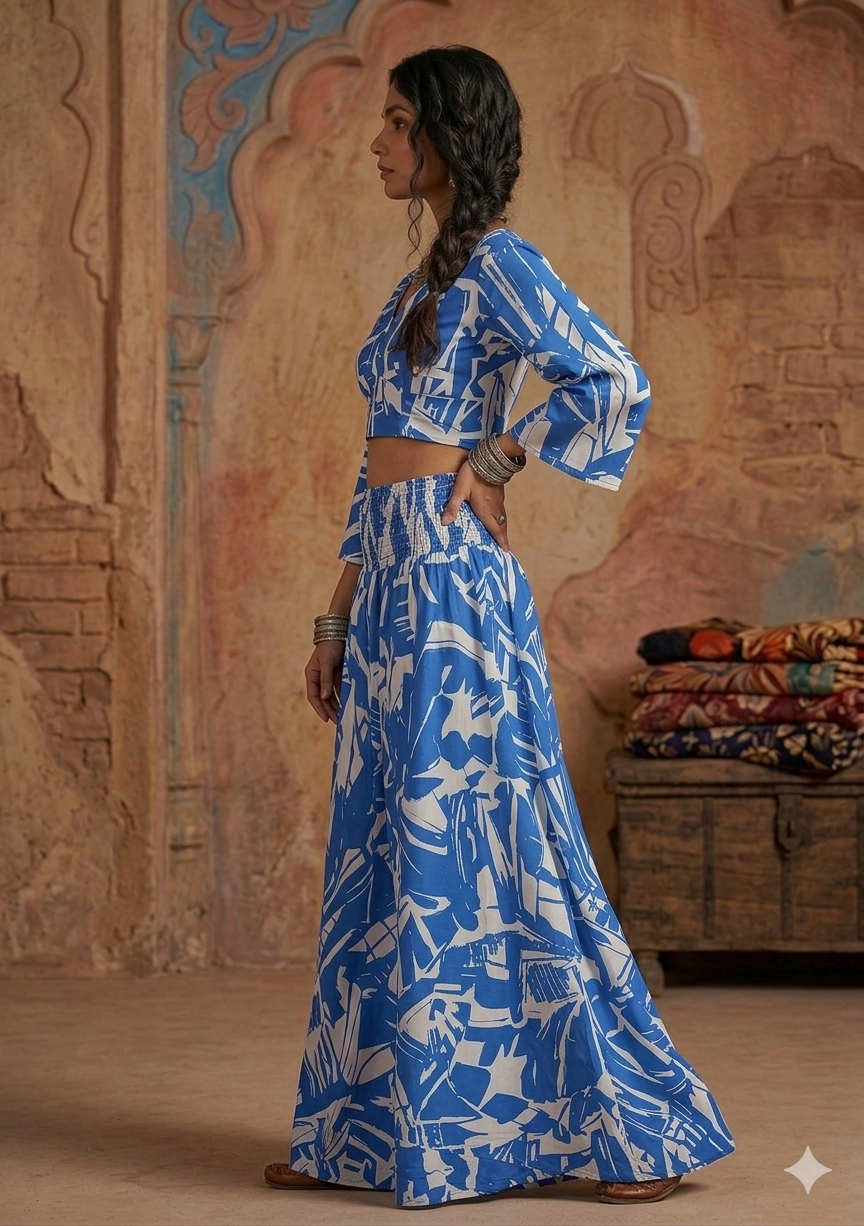 Royal Blue Abstract Print Co-Ord Set with Tie-Up Crop Top & Flared Palazzo