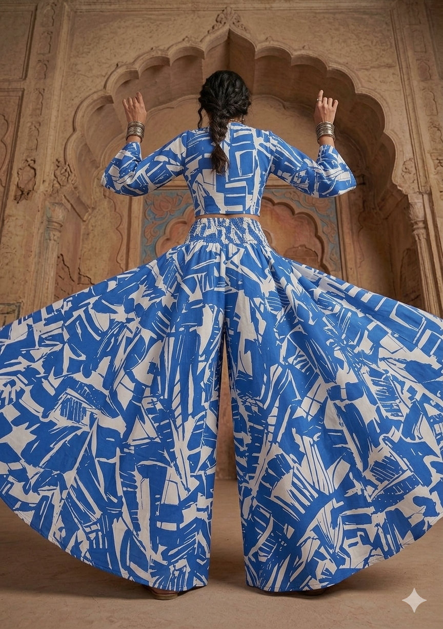 Royal Blue Abstract Print Co-Ord Set with Tie-Up Crop Top & Flared Palazzo
