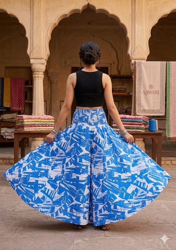 Women's Blue & White Abstract Print Flared Maxi Skirt