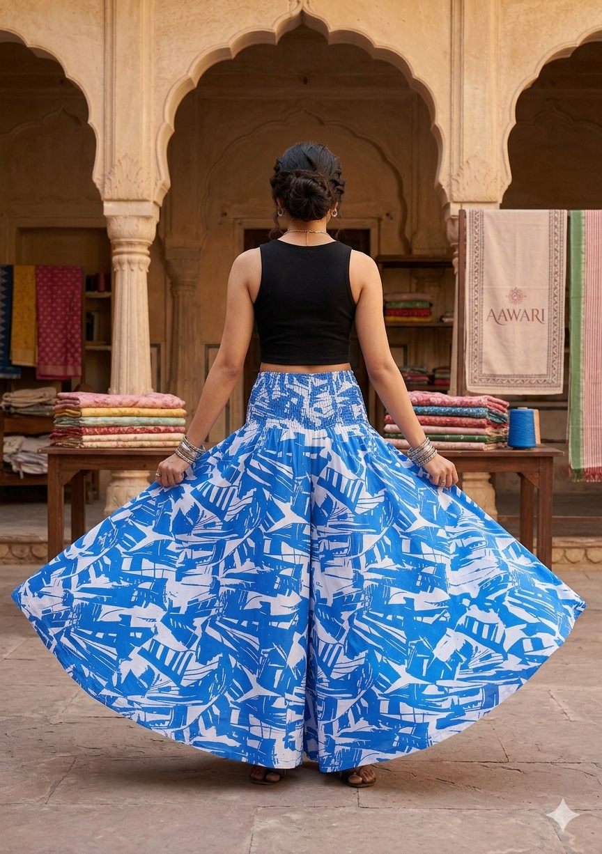 Women's Blue & White Abstract Print Flared Maxi Skirt