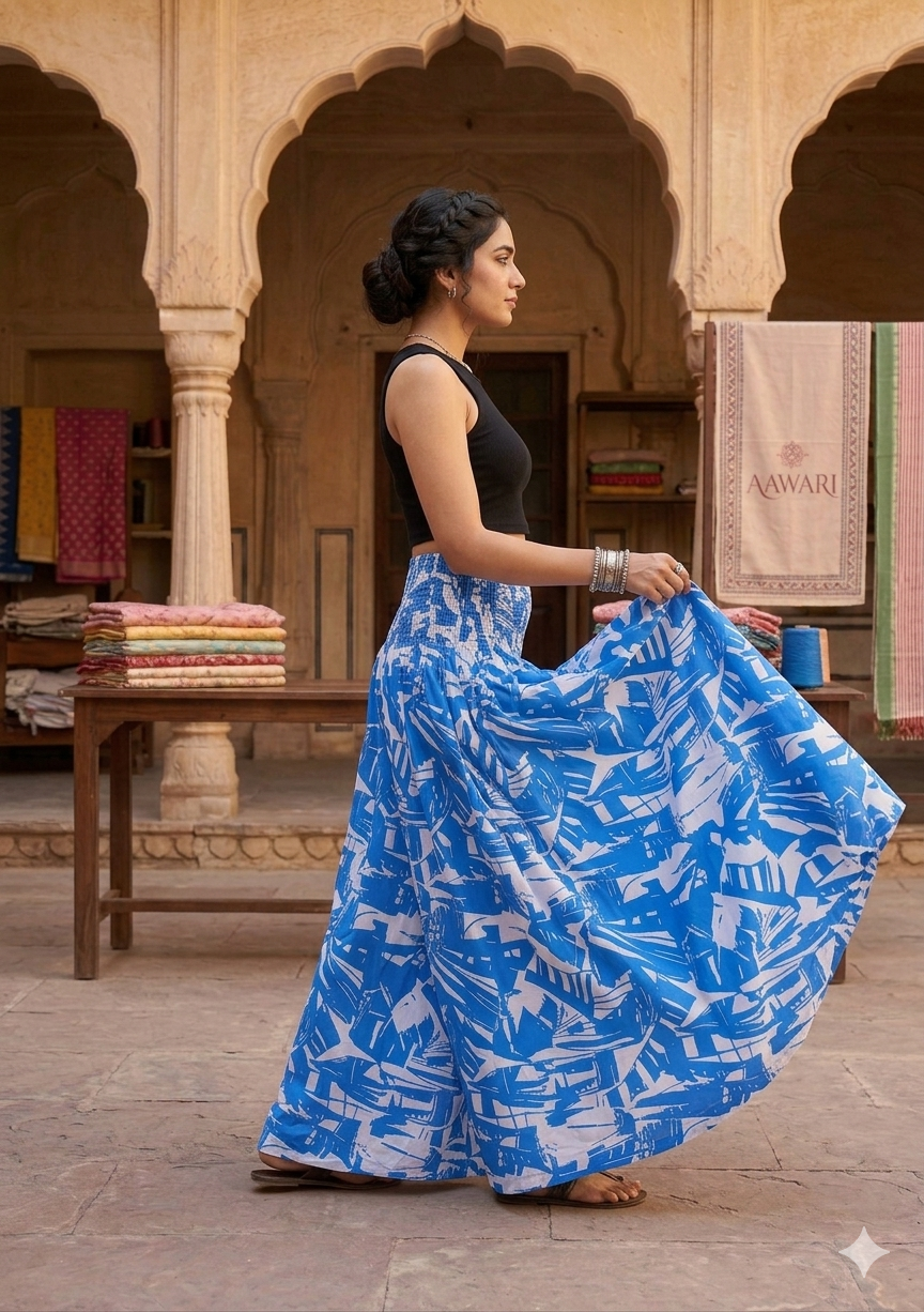 Women's Blue & White Abstract Print Flared Maxi Skirt