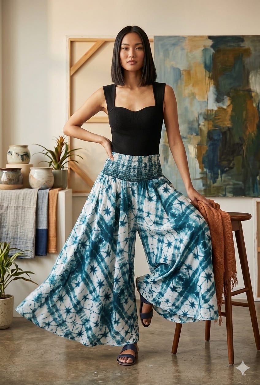 Women's Blue Tie-Dye Print High-Waist Smocked Palazzo Pants