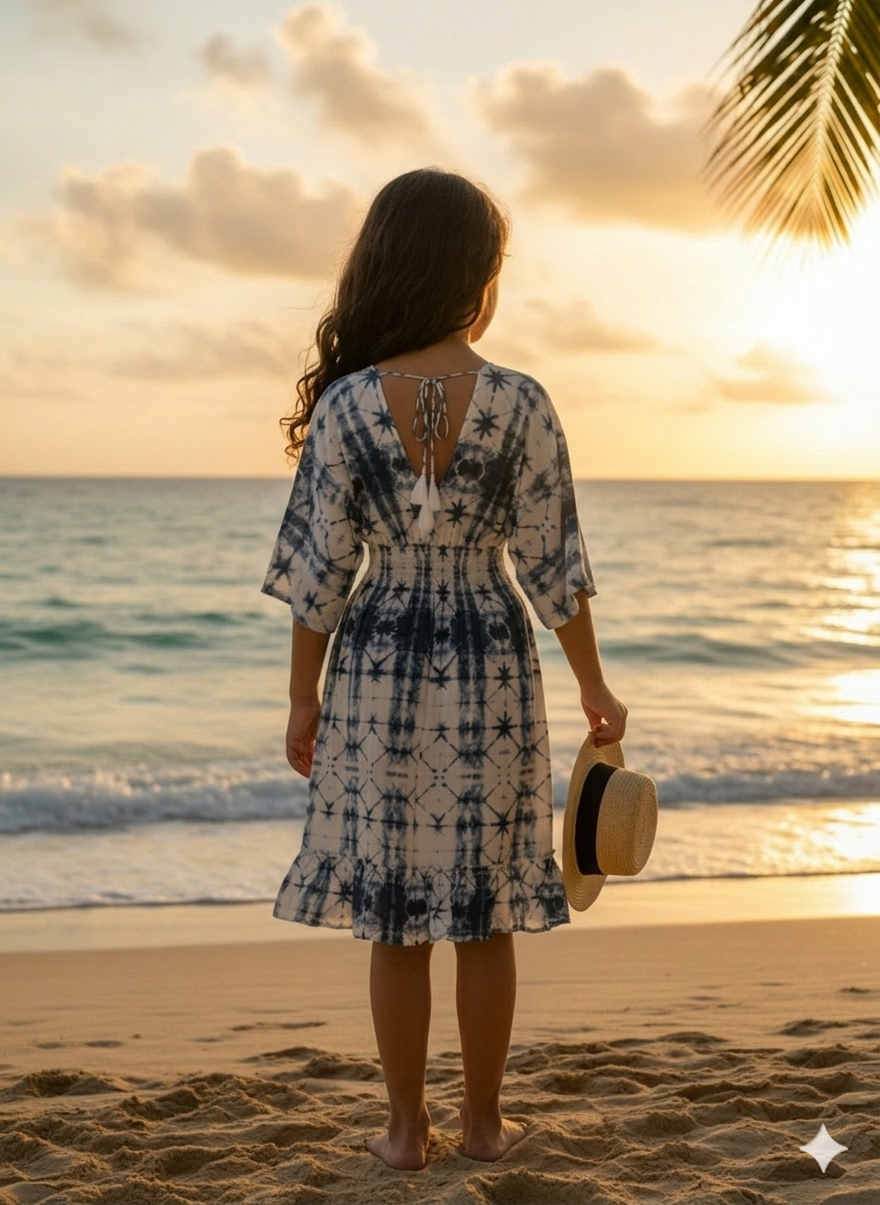 Girls Blue Tie-Dye Kaftan Dress with Smocked Waist & Tassel Tie-Up