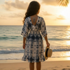 Girls Blue Tie-Dye Kaftan Dress with Smocked Waist & Tassel Tie-Up