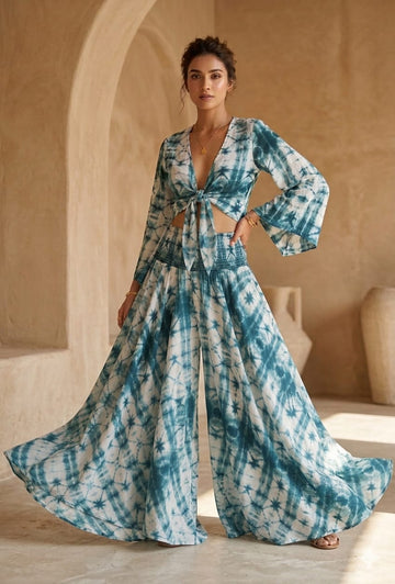 Teal Tie-Dye Co-Ord Set with Knot Crop Top & Flared Palazzo