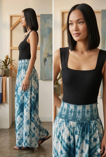 Women's Blue Tie-Dye Print High-Waist Smocked Palazzo Pants