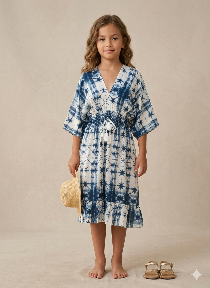 Girls Blue Tie-Dye Kaftan Dress with Smocked Waist & Tassel Tie-Up