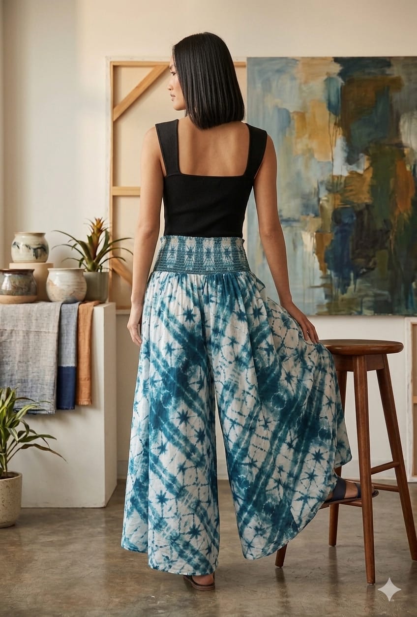 Women's Blue Tie-Dye Print High-Waist Smocked Palazzo Pants