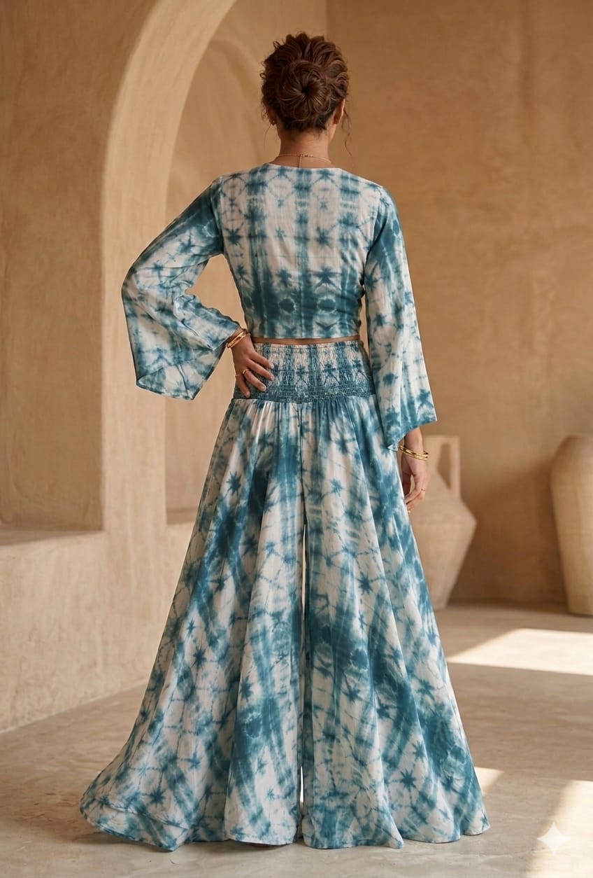 Teal Tie-Dye Co-Ord Set with Knot Crop Top & Flared Palazzo