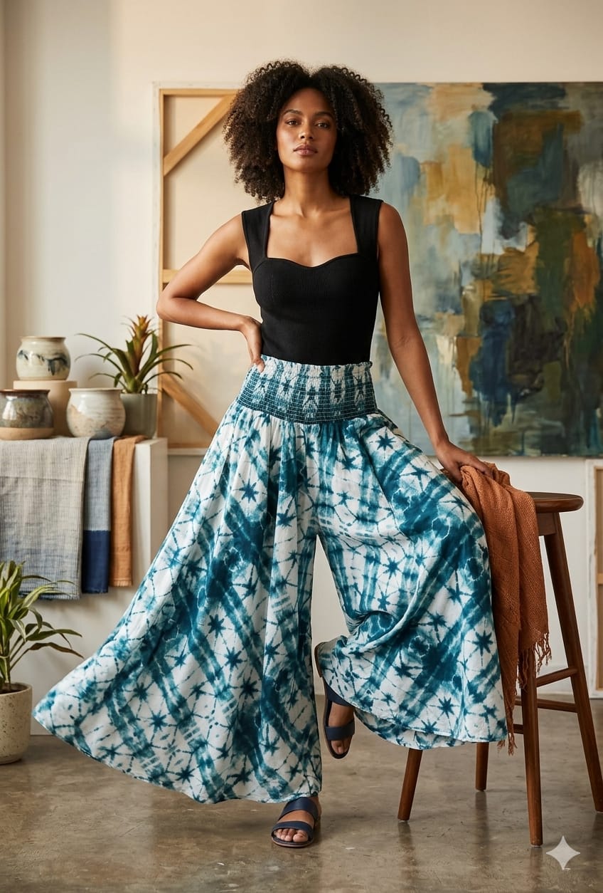 Women's Blue Tie-Dye Print High-Waist Smocked Palazzo Pants