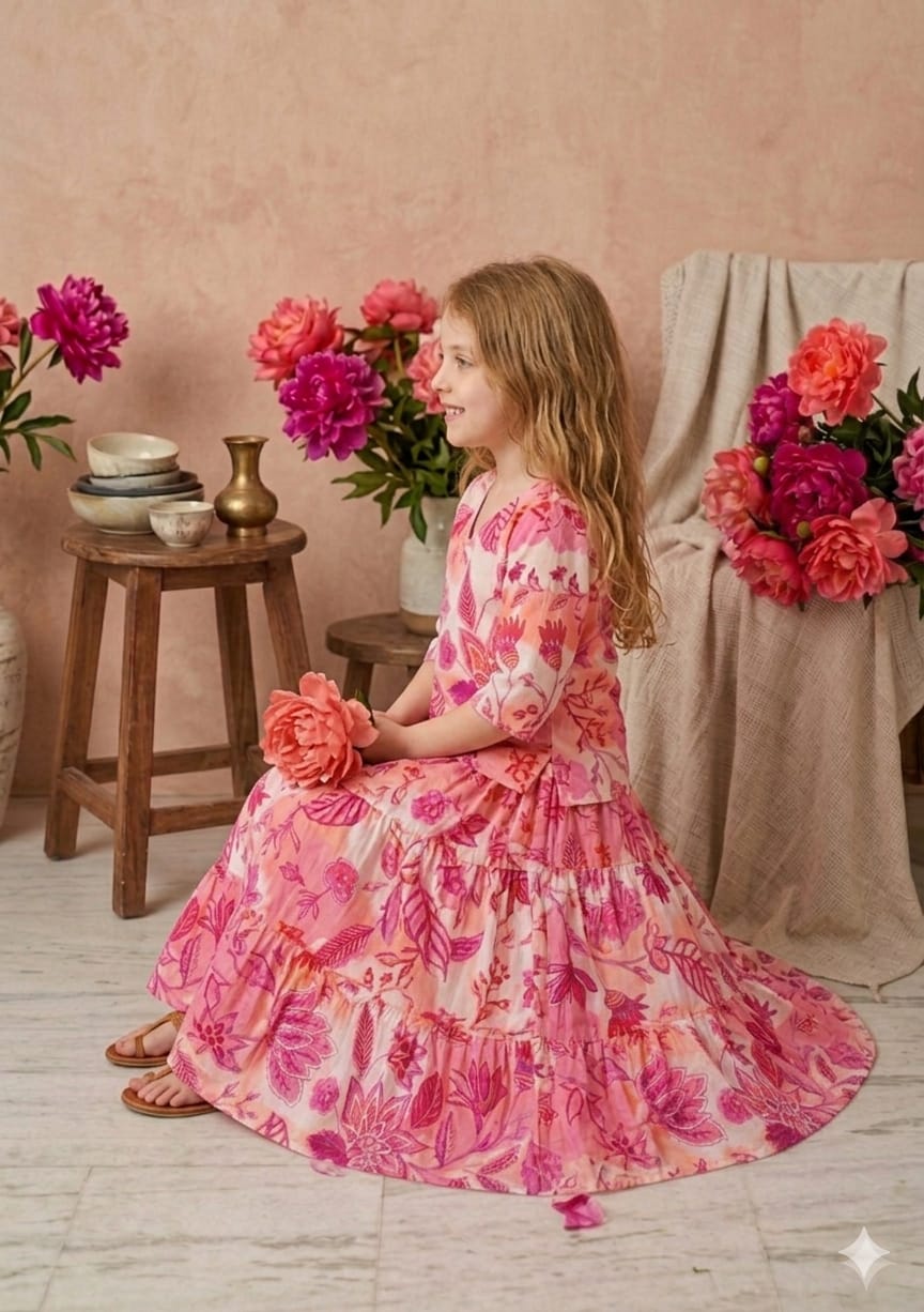 Baby Girls Pink Floral Printed Cotton Kurta with Flared Skirt Set