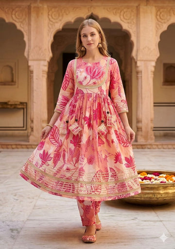 Women’s Pink Floral Print Cotton Anarkali Kurta Set