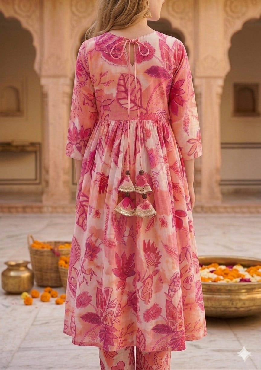 Women’s Pink Floral Print Cotton Anarkali Kurta Set