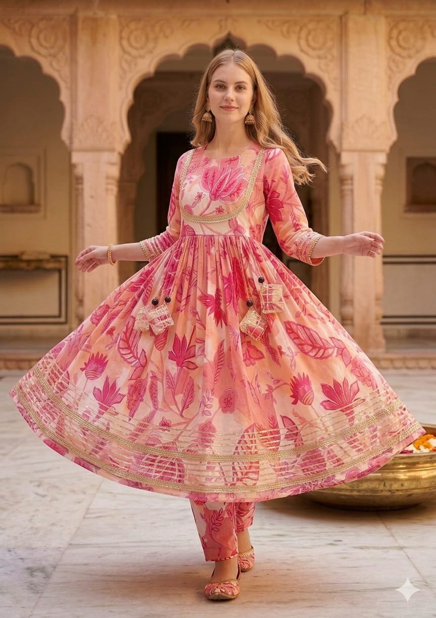 Women’s Pink Floral Print Cotton Anarkali Kurta Set