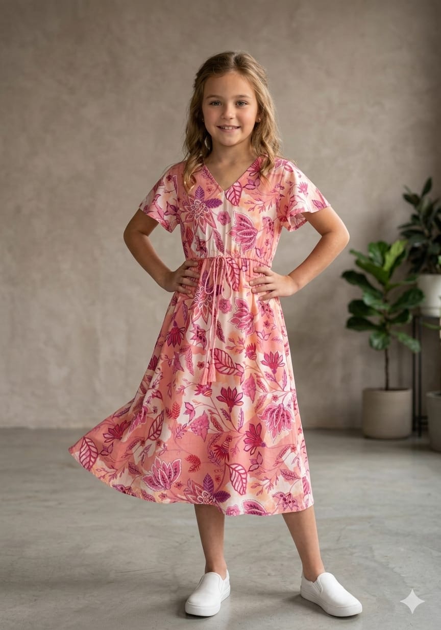 Baby Girls Cotton Pink Botanical Printed Umbrella Style A-Line Dress