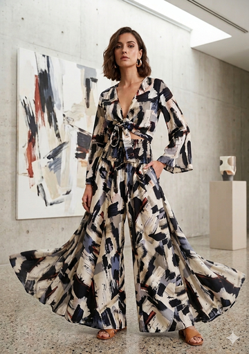 Abstract Brush Print Co-Ord Set with Knot Crop Top & Flared Palazzo