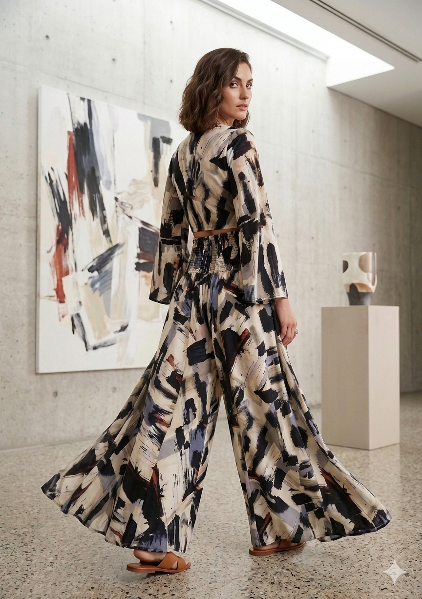 Abstract Brush Print Co-Ord Set with Knot Crop Top & Flared Palazzo