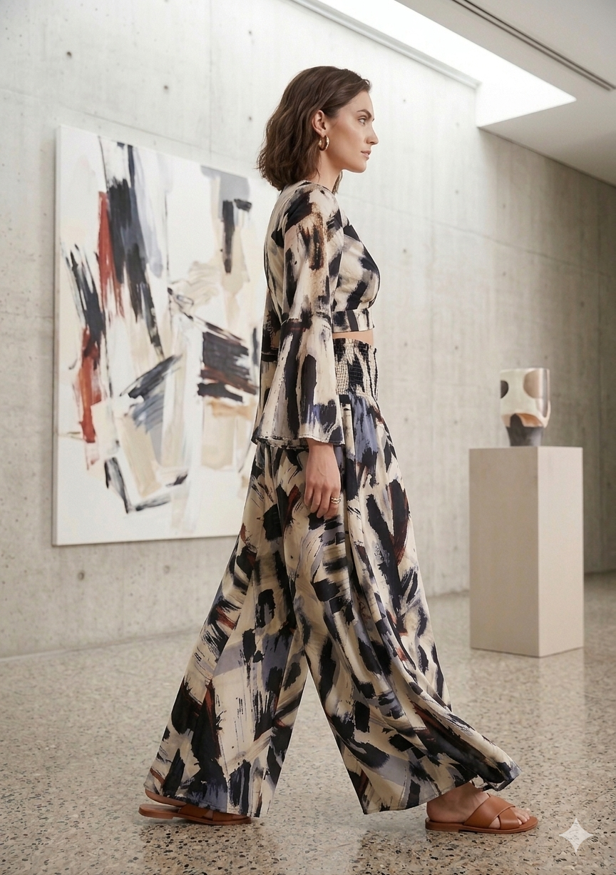 Abstract Brush Print Co-Ord Set with Knot Crop Top & Flared Palazzo