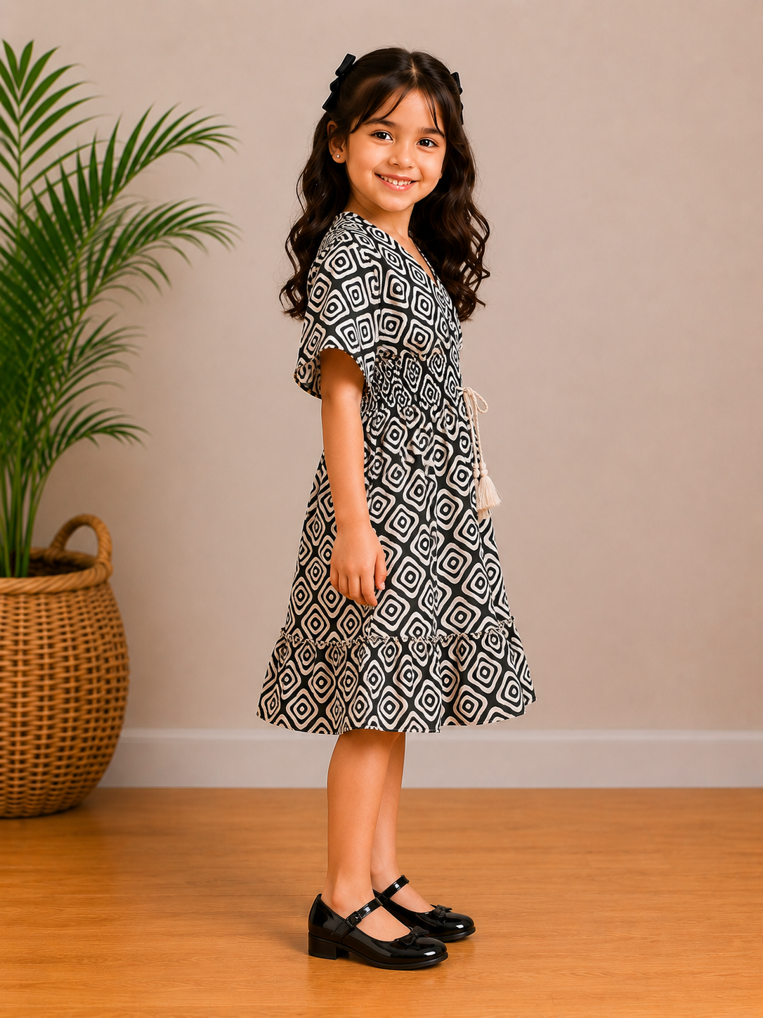Baby Girls Monochrome Geo Printed Smocked Waist Flared Midi Dress