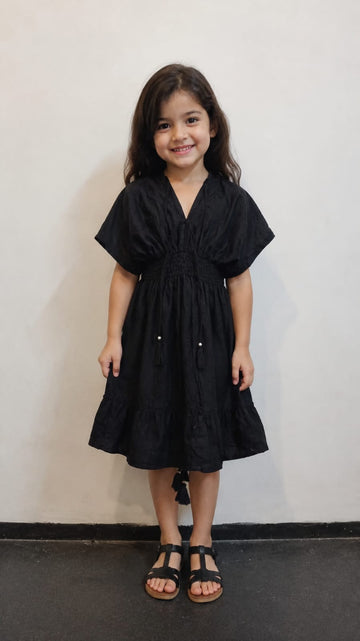 Baby Girls Solid Black Smocked Waist Tassel Tie-Up Flared Dress