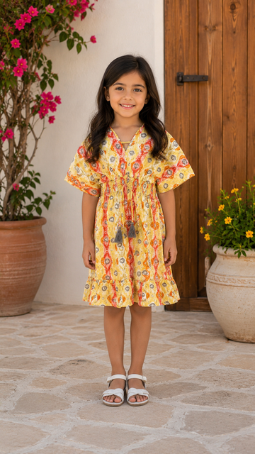 Baby Girls Cotton Yellow Ikat Printed Smocked Waist Ruffle Hem Dress