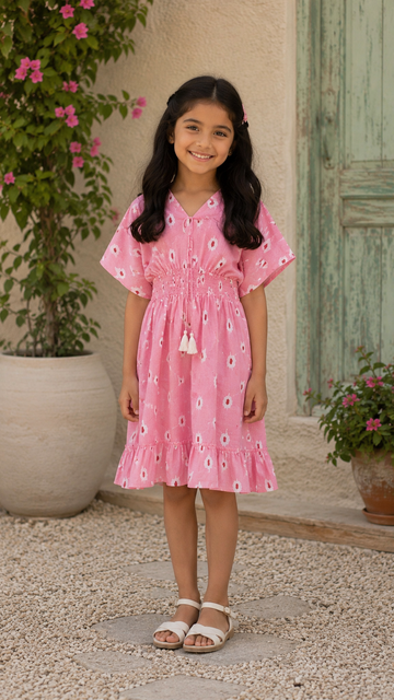 Baby Girls Cotton Pink Ikat Printed Smocked Waist A-Line Dress