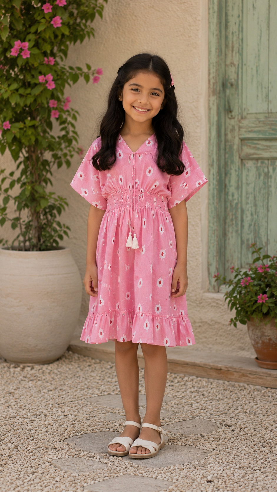 Baby Girls Cotton Pink Ikat Printed Smocked Waist A-Line Dress