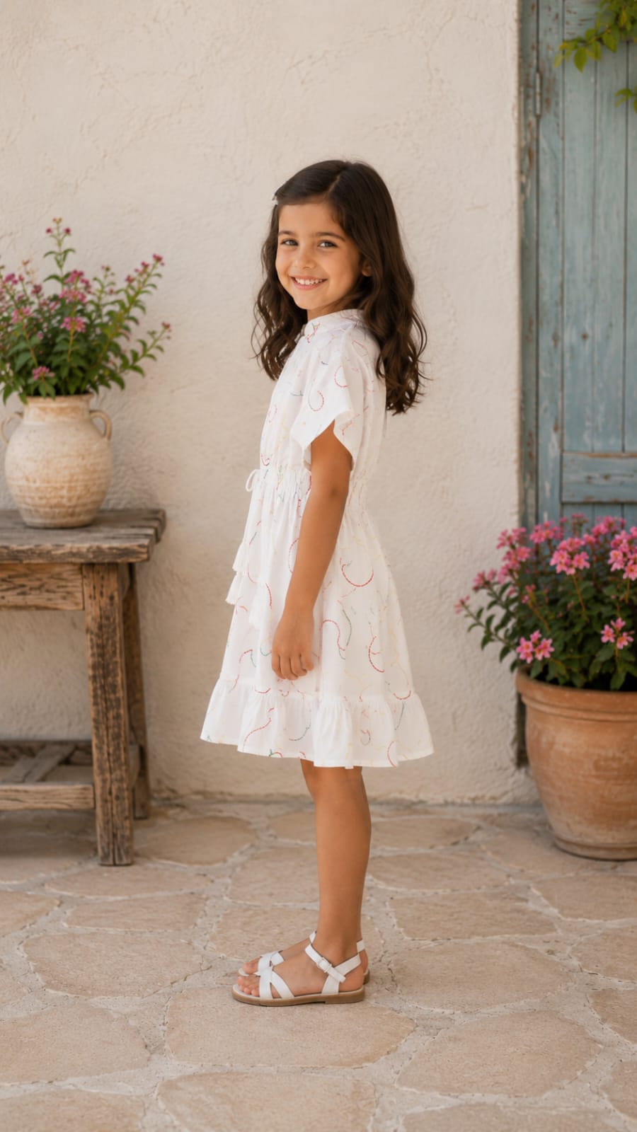 Baby Girls White Abstract Printed Smocked Waist Flared Dress