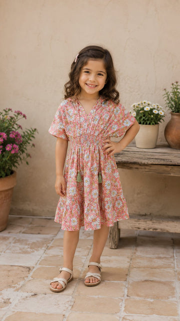 Baby Girls Peach Floral Printed Smocked Waist Flared Dress