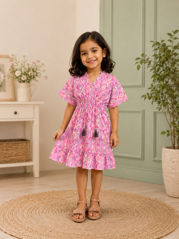 Baby Girls Cotton Pink Ikat Printed Smocked Waist Ruffle Hem Dress