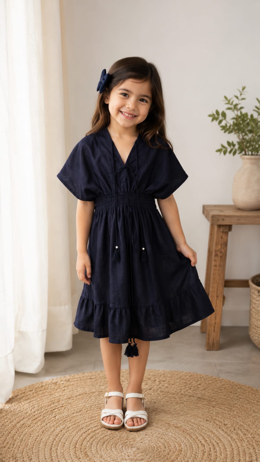 Baby Girls Solid Navy Blue Smocked Waist Tassel Tie-Up Flared Dress