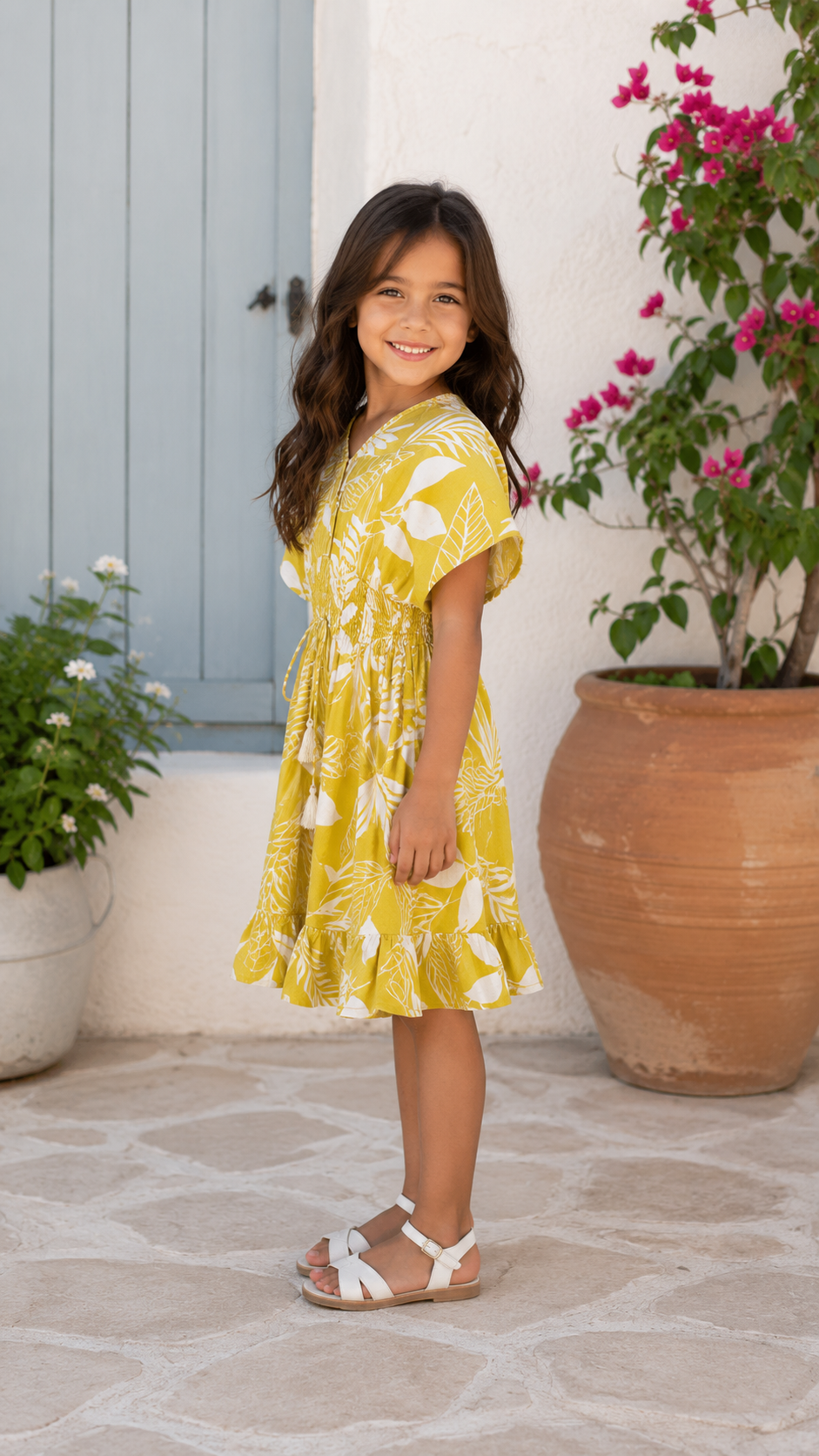 Baby Girls Cotton Yellow Tropical Leaf Printed Smocked Waist A-Line Dress