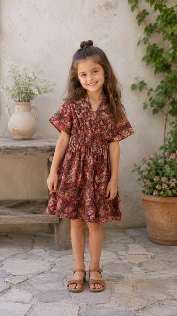 Baby Girls Maroon Floral Printed Smocked Waist Flared Dress