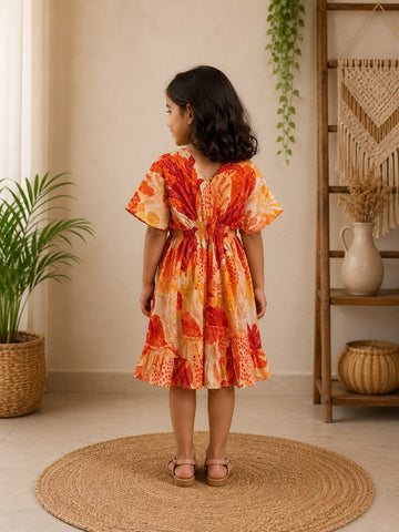 Baby Girls Cotton Orange Tropical Floral Printed Smocked Waist Ruffle Hem Dress