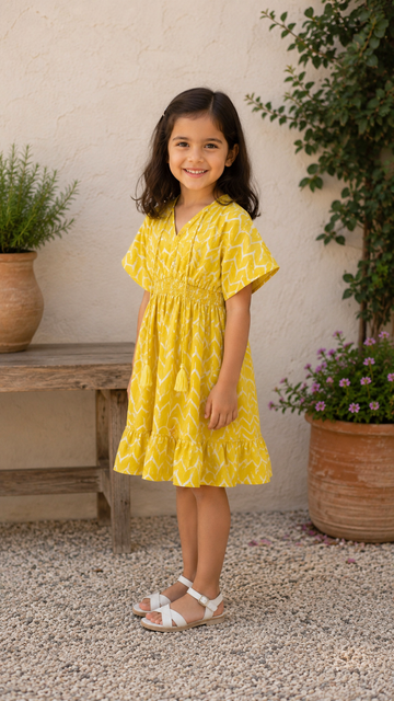 Baby Girls Cotton Yellow Chevron Printed Smocked Waist A-Line Dress