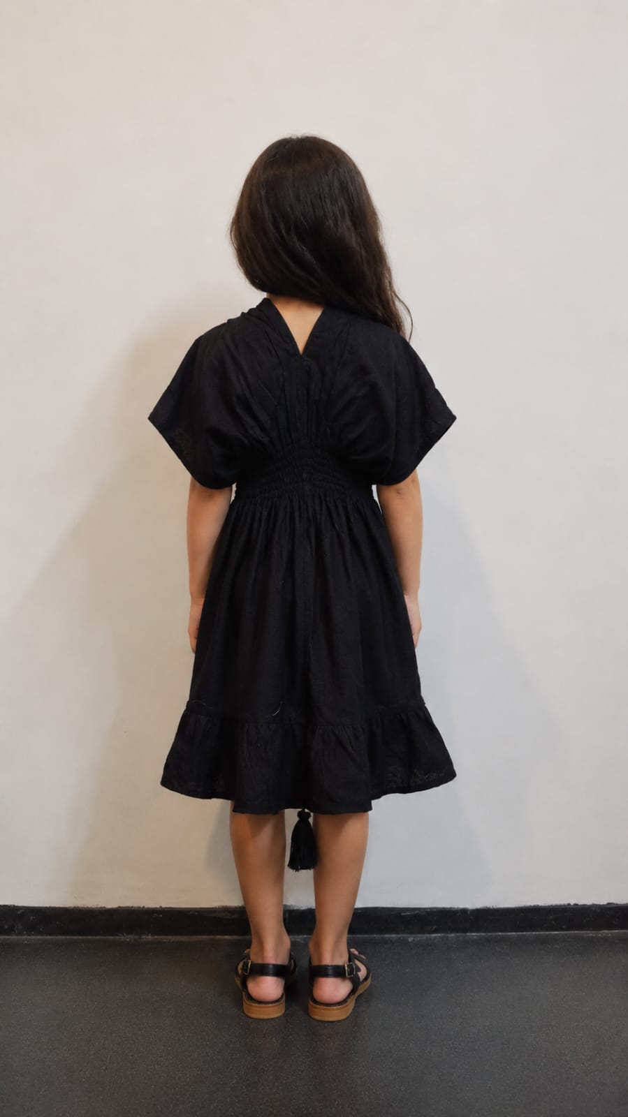 Baby Girls Solid Black Smocked Waist Tassel Tie-Up Flared Dress