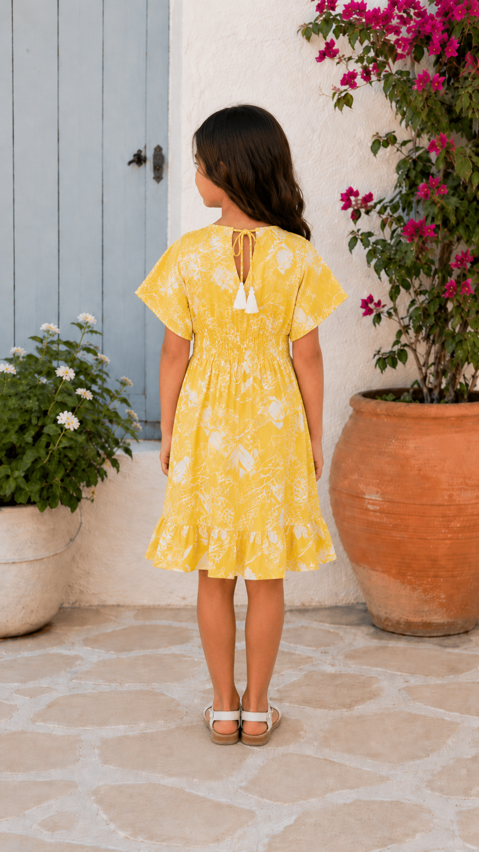 Baby Girls Cotton Yellow Tropical Leaf Printed Smocked Waist A-Line Dress