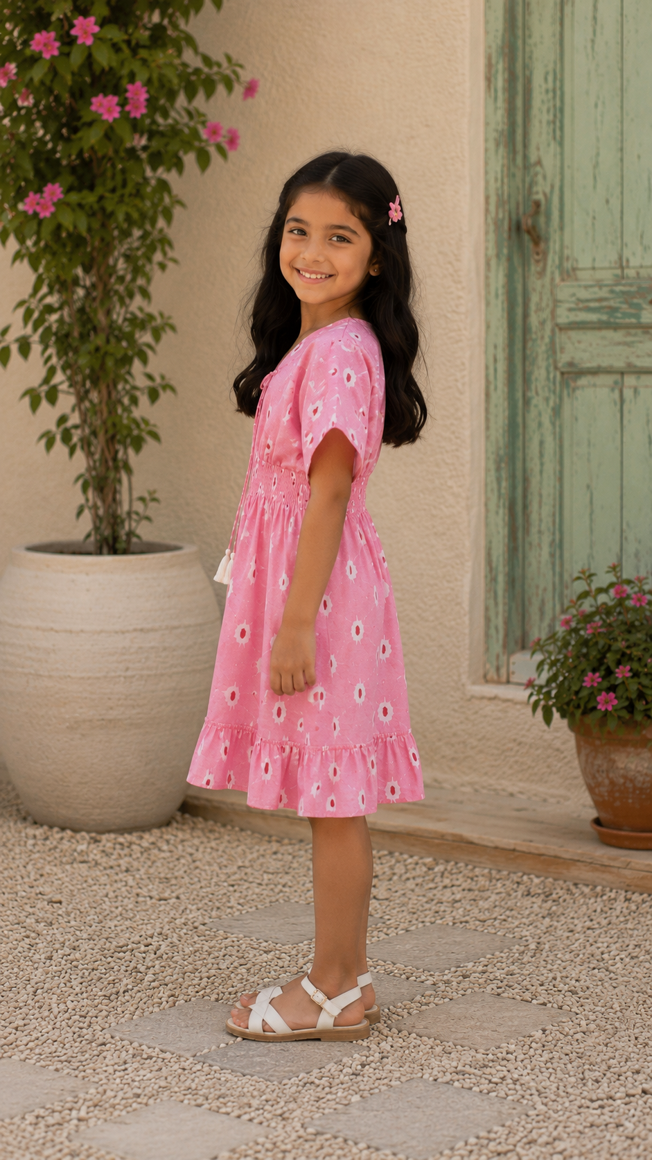 Baby Girls Cotton Pink Ikat Printed Smocked Waist A-Line Dress