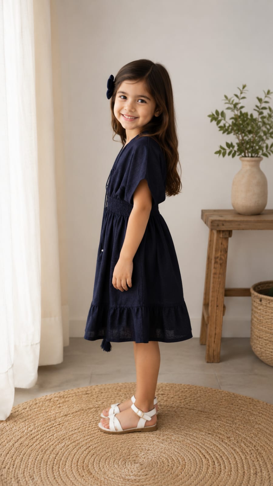 Baby Girls Solid Navy Blue Smocked Waist Tassel Tie-Up Flared Dress