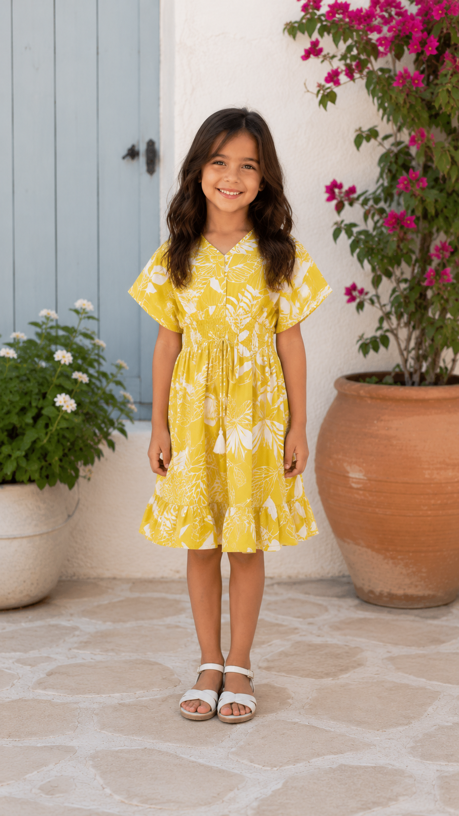 Baby Girls Cotton Yellow Tropical Leaf Printed Smocked Waist A-Line Dress