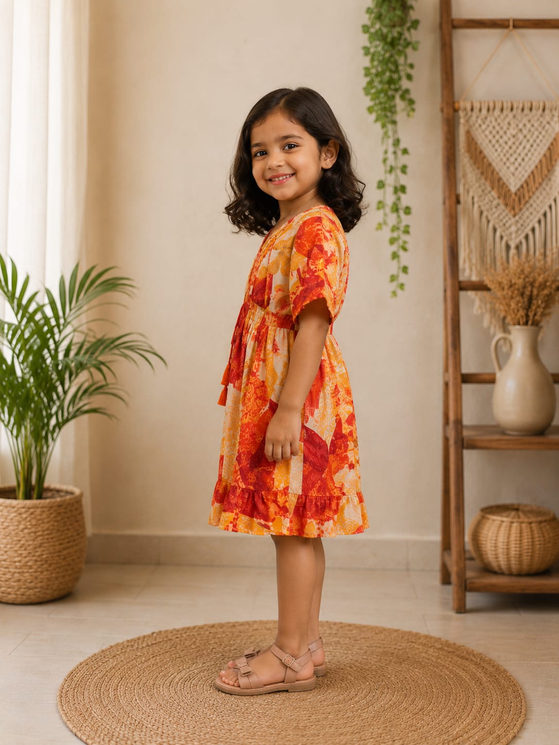 Baby Girls Cotton Orange Tropical Floral Printed Smocked Waist Ruffle Hem Dress