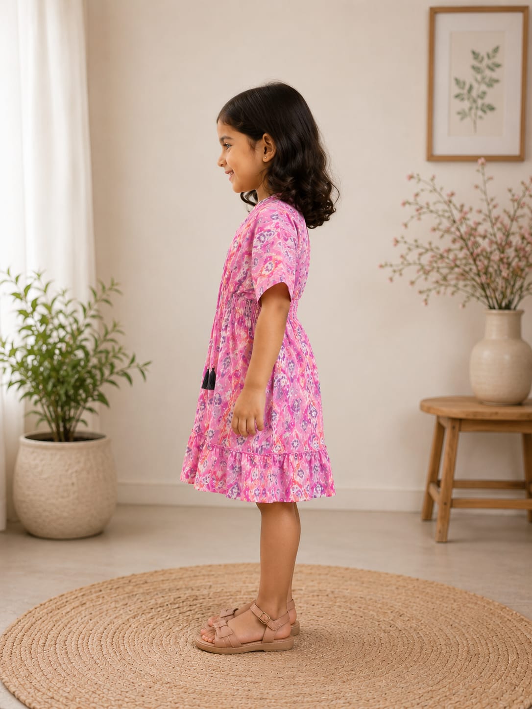 Baby Girls Cotton Pink Ikat Printed Smocked Waist Ruffle Hem Dress