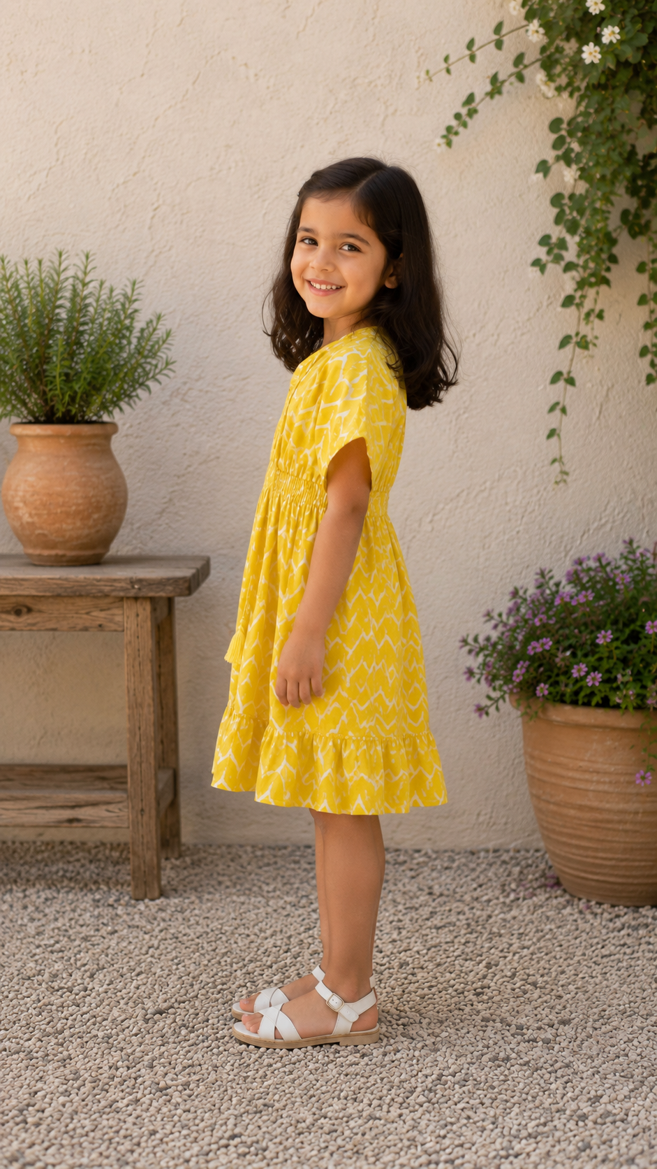 Baby Girls Cotton Yellow Chevron Printed Smocked Waist A-Line Dress