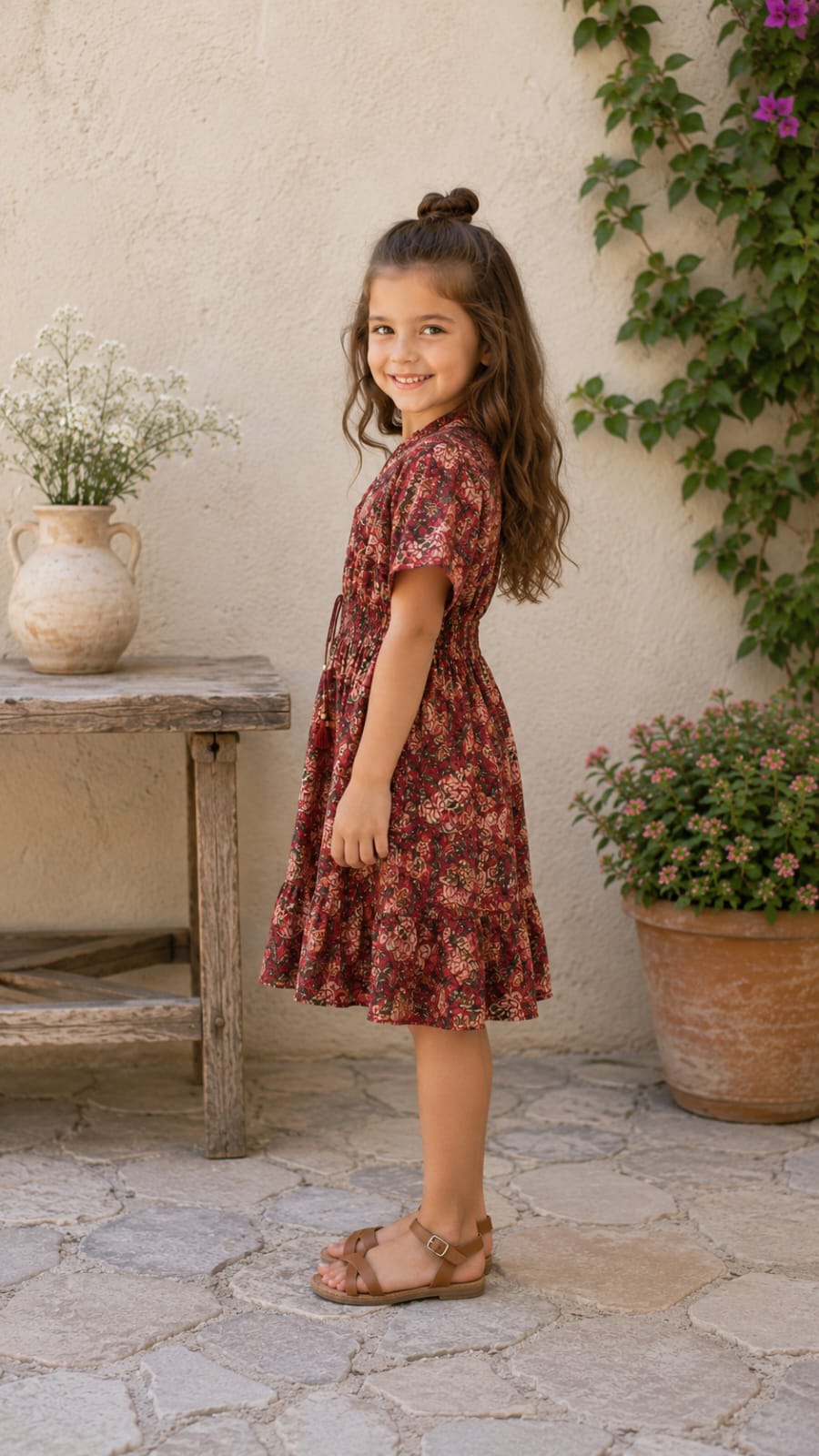 Baby Girls Maroon Floral Printed Smocked Waist Flared Dress